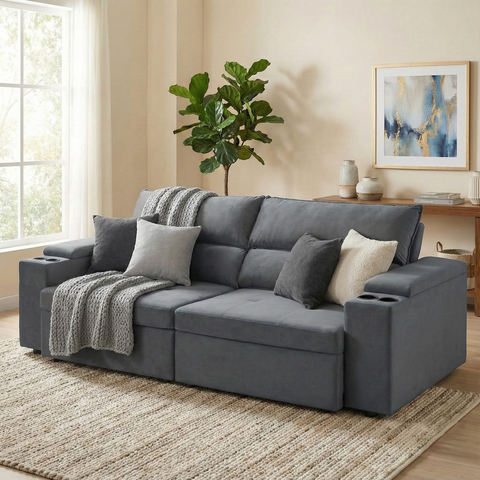 Sofá Retrátil e Reclinável 4 Lugares Molas Ensacadas 250cm Veludo Havana Cinza