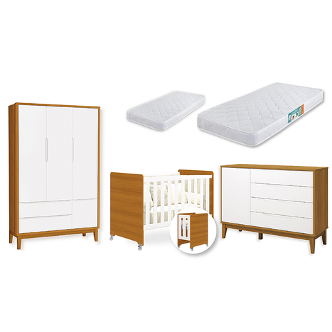 Quarto de Bebê Berço Evolution + Guarda Roupa 3 Portas + Cômoda Sapateira Elfe Savana 2 Colchões