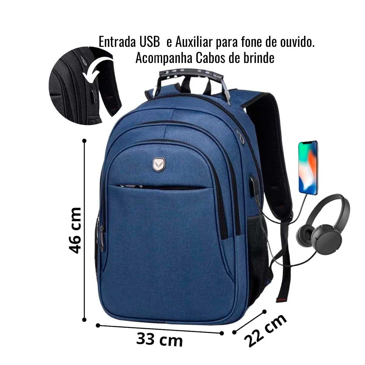 Mochila Notebook Saida Cabo Aux Usb Fone Yeep Azul - 4