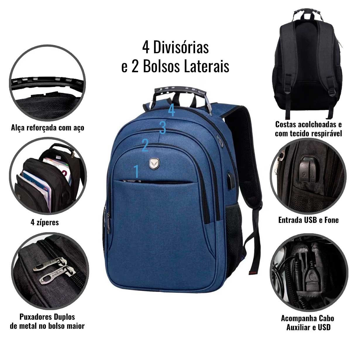 Mochila Notebook Saida Cabo Aux Usb Fone Yeep Azul - 2