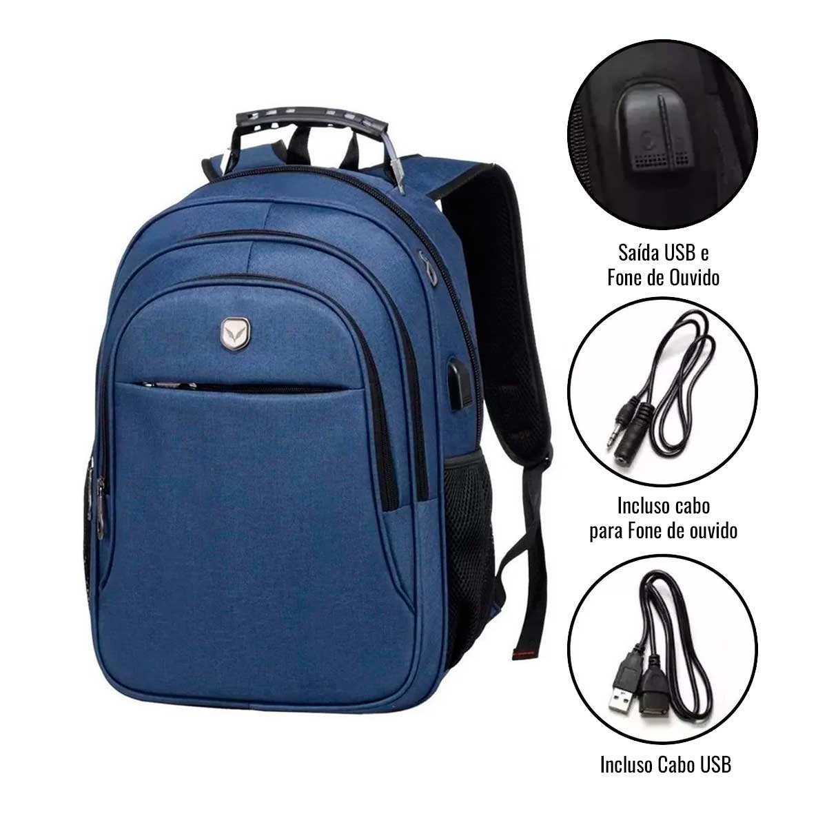 Mochila Notebook Saida Cabo Aux Usb Fone Yeep Azul - 3