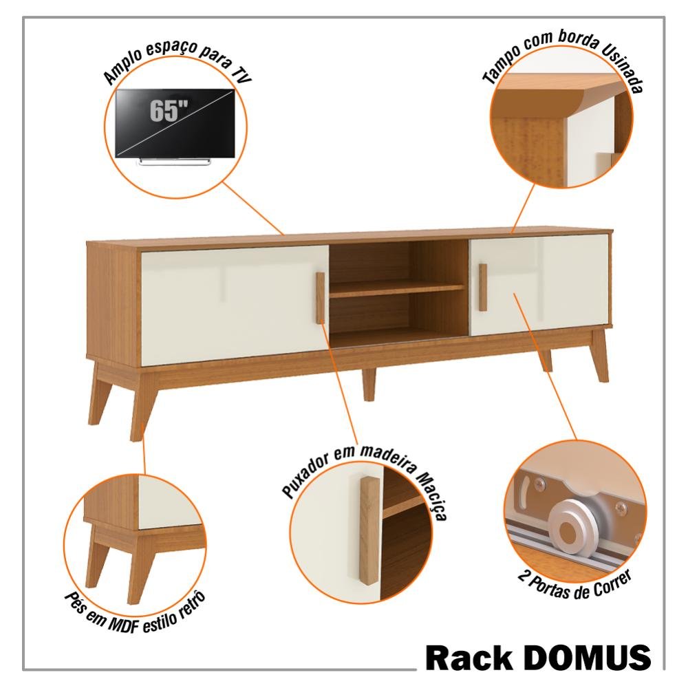 Rack para Tv até 65 Polegadas 2 Portas com Puxador em Madeira Maciça Domus 180cm retrô - 4