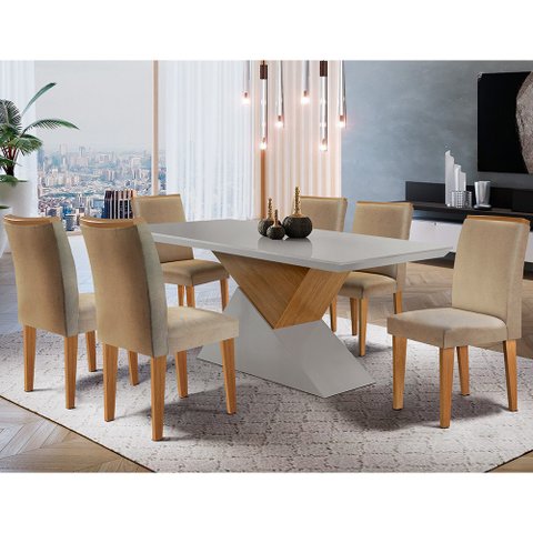 Mesa Aster 180 Tampo em MDF Canto Reto com 6 Cadeiras Lunara Moderna