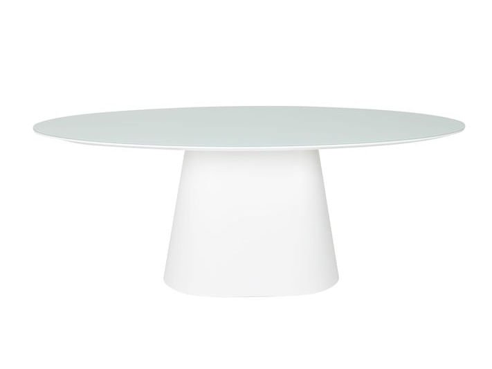 Mesa de Jantar Cone Oval 160x90 Cm Tampo Laca Branca + Vidro Base Branca Laca Branca com Vidro Perso