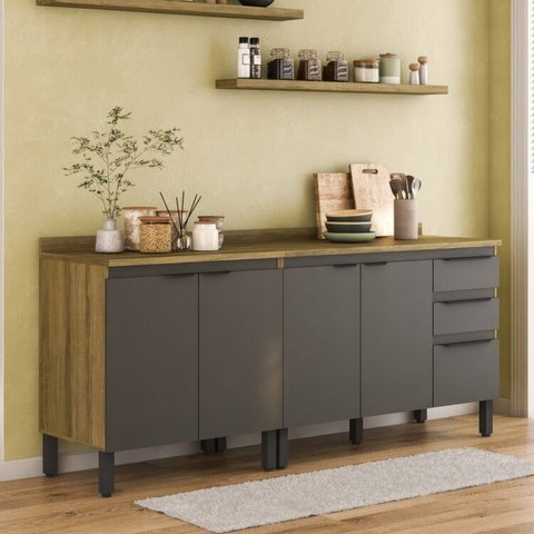 Conjunto de Cozinha Compacta Modulada 2 Peças com Tampo de 25mm Magnolia Yescasa Marrom/Mel/Grafite