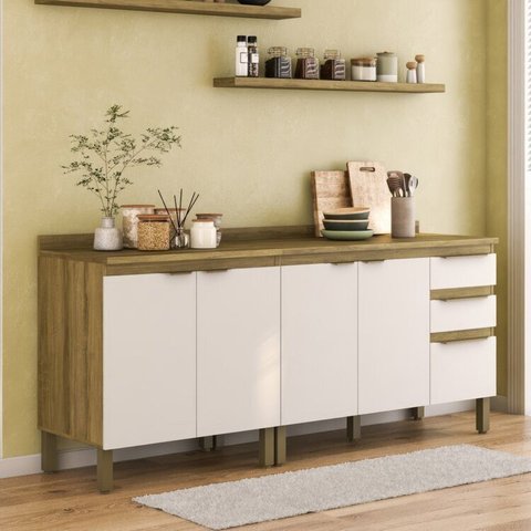 Cozinha Compacta Modulada 2 Peças com Tampo 25mm Magnolia Yescasa Marrom/Mel/Branco