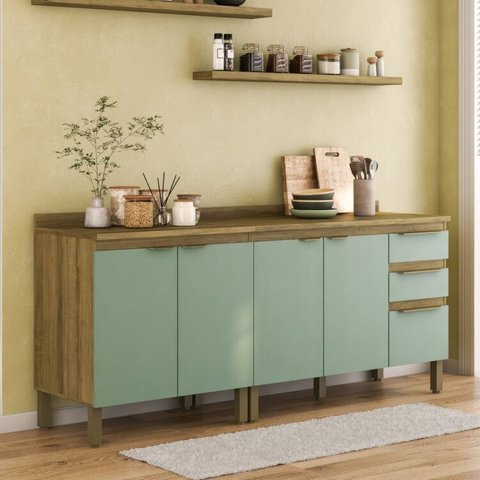 Cozinha Compacta Modulada 2 Peças com Tampo 25mm Magnolia Yescasa Marrom/Mel/Verde