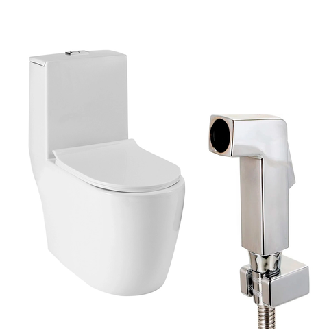 Kit Vaso Sanitário Monobloco Amazonita e Ducha Higiênica para Banheiro Jacuí - Branco e Prata