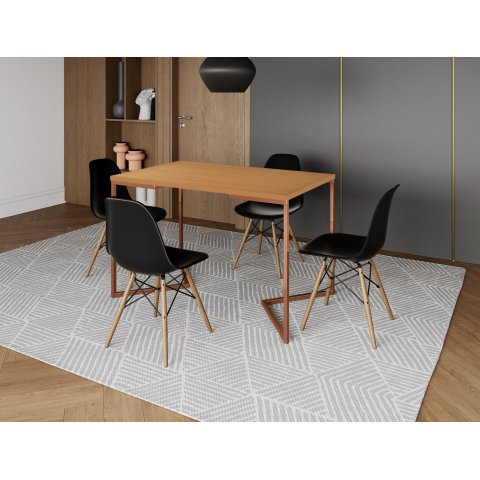 Mesa de Jantar Industrial Base Ferro Cobre em  V  Tampo 137x90 Canela 4 Cadeiras Eames Madeira Assen