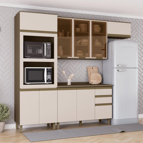 Cozinha Completa Modulada 4 Peças 100% MDF com Portas de Vidro Connect Marrom/Bege
