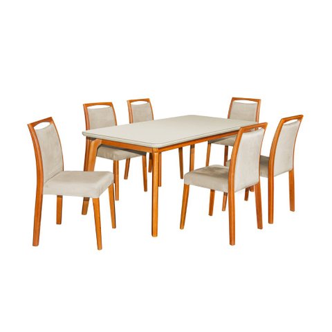 Mesa Jantar Luxo Jade 160x90cm Off White com 6 Cadeiras Estofadas Linho Bege Base Madeira Maciça Mel