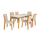 Ver imagem 1 de Mesa Jantar Luxo Jade 160x90cm Off White com 6 Cadeiras Estofadas Linho Bege Base Madeira Maciça Mel