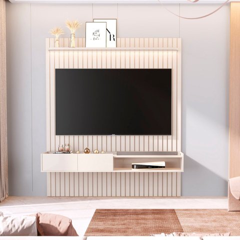 Painel Ripado para TV até 75 Polegadas com LED MDF 187cmx219cm Nicho e Prateleira Vitoria Regia Yescasa Bege Off White