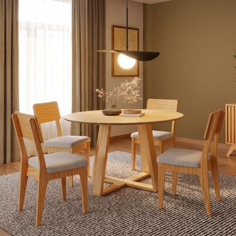 Conjunto Sala de Jantar Mesa Redonda Giratória 130cm com 4 Cadeiras MDF Carvalho Rosé/Bege Claro