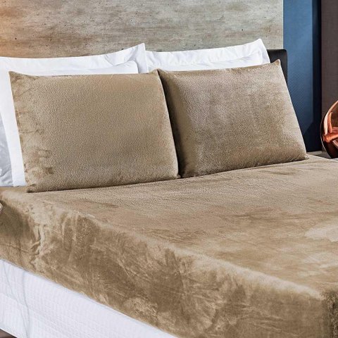 Jogo de Cama Lençol Biasoft Casal Queen Manta Flannel Toque Extra Macio 03 Peças - Cáqui