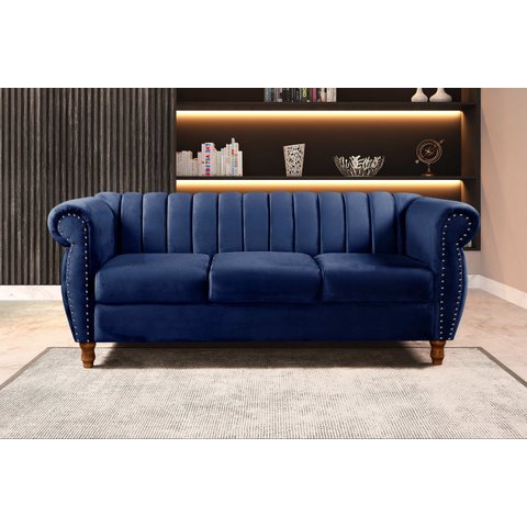Sofá Chesterfield Realeza 3 Lugares Decoração Retrô Azul Marinho
