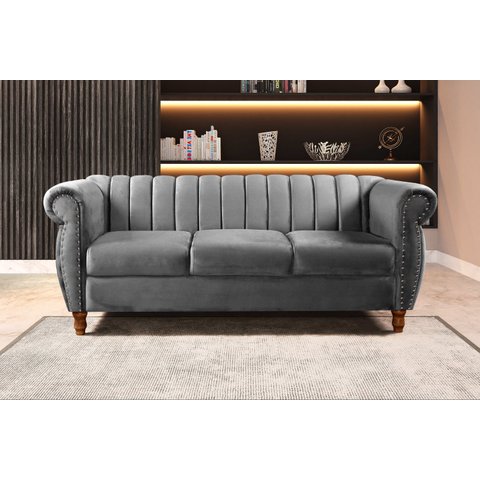 Sofá Chesterfield Realeza 3 Lugares Decoração Retrô Cinza Grafite