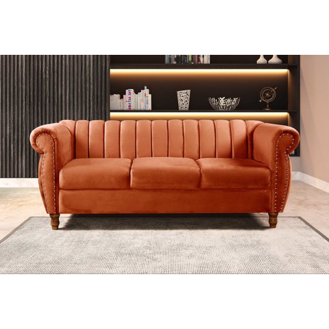 Sofá Chesterfield Realeza 3 Lugares Decoração Retrô Laranja Terracota