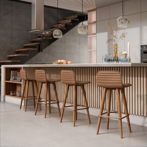 Meia Banqueta Línea Bar Ilha em Madeira Aço Preto Terracota