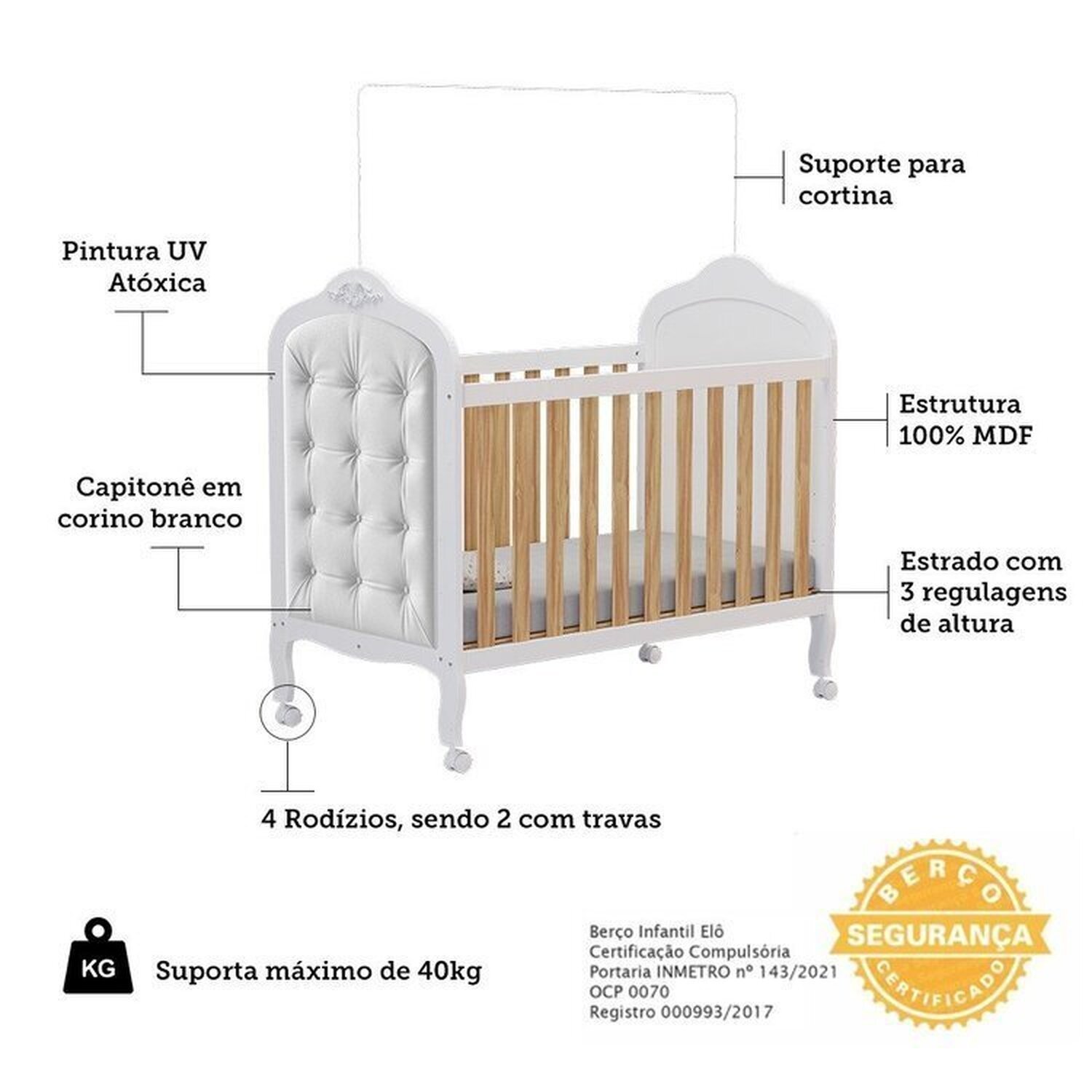 Berço Mini Cama 3 em 1 com Capitonê 100% Mdf Maya Espresso Móveis - 5