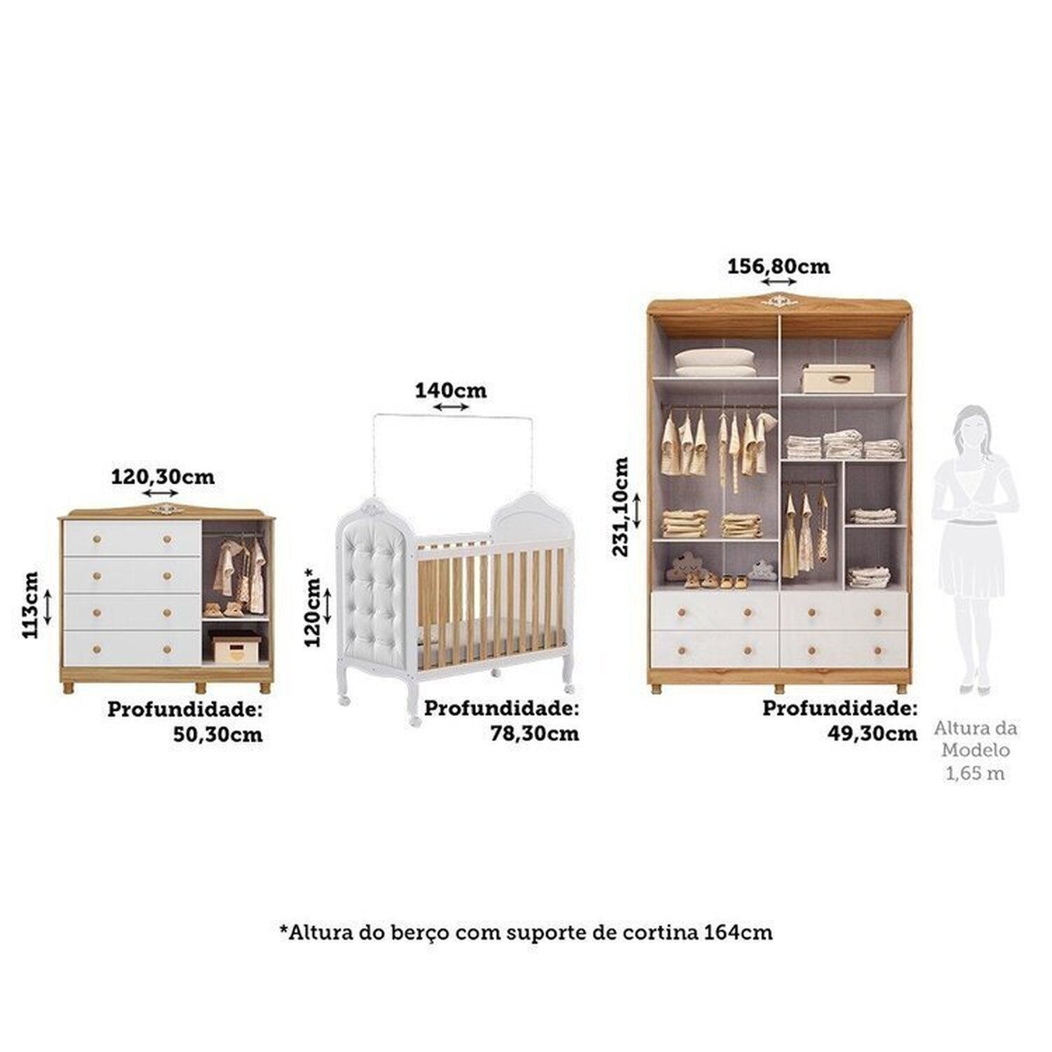 Quarto de Bebê com Guarda-roupa Cômoda e Berço com Capitonê 100% Mdf Maya Provençal Espresso Móveis - 3