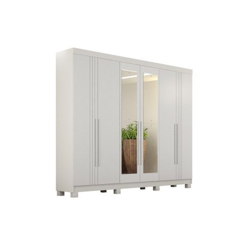 Roupeiro 6 Portas 4 Gavetas Detalhe Friso com Espelho Madri Branco
