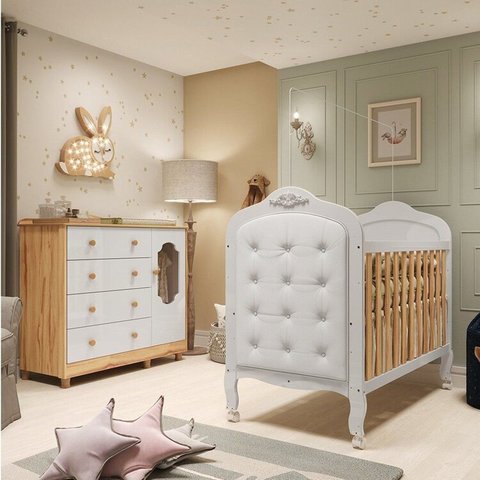 Quarto de Bebê Berço com Capitonê e Cômoda 4 Gavetas 100% MDF Maya Provençal Yescasa Branco/Brilho/Amêndoa