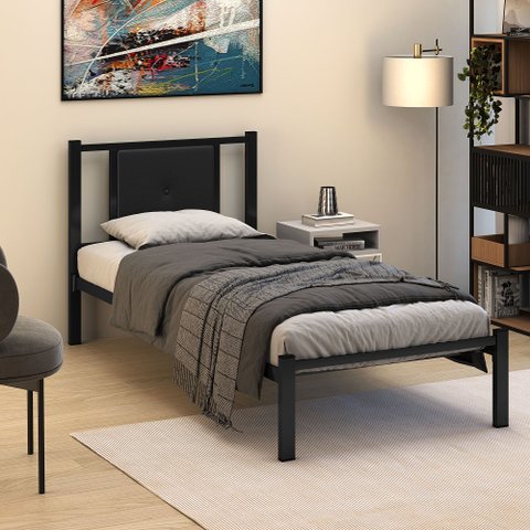 Cama Solteiro Aço Preta com Cabeceira Estofada e Estrado Reforçado para Quarto Moderno