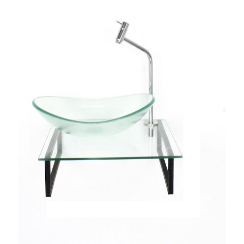 Gabinete de Vidro com Cuba Oval Tampo 40cm Incolor Mais Torneira Metal