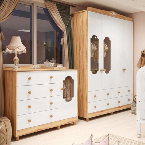 Quarto Infantil com Guarda-Roupas e Cômoda com Janelas Maya Provençal Yescasa Branco/Brilho/Amêndoa