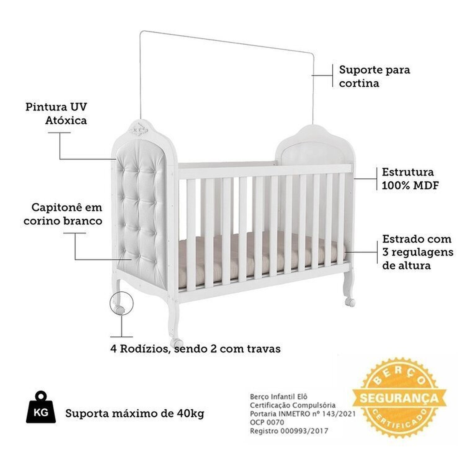 Quarto de Bebê com Guarda-roupa Cômoda e Berço com Capitonê 100% Mdf Maya Clássico Espresso Móveis - 5