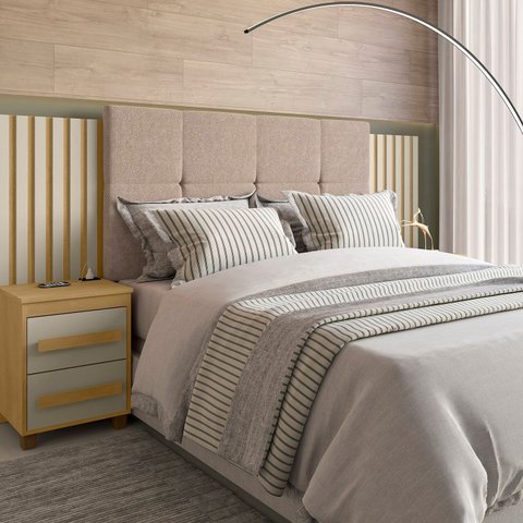 Cabeceira Estofada Extensível Casal/Queen/King com 2 Mesas de Apoio 4 Gavetas Suiça Bege