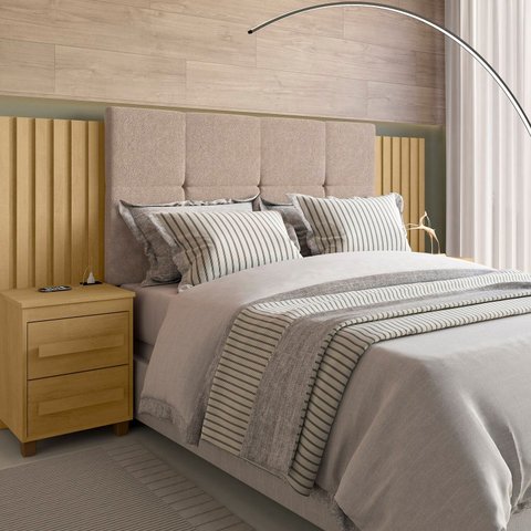 Cabeceira Estofada Extensível Casal/Queen/King com 2 Mesas de Apoio 4 Gavetas Suiça Bege
