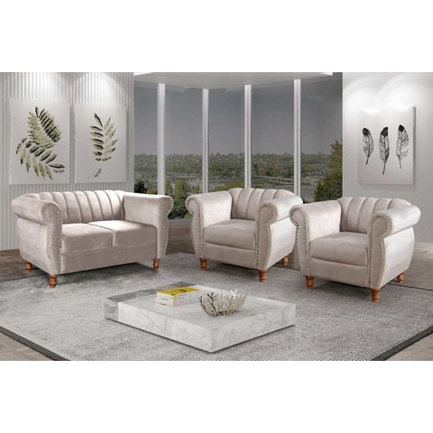 Conjunto Realeza Sofá com Poltronas Chesterfield Decoração Bege Claro