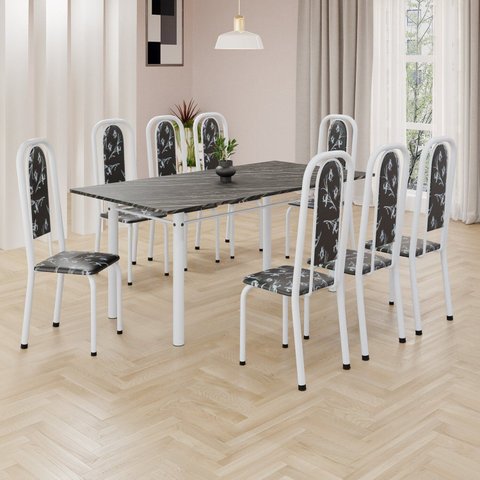 Conjunto de Mesa Retangular 180x75cm Tampo Ardósia Indiana 8 Cadeiras Lavínea Branco/Preto Floral