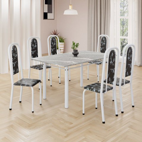 Conjunto de Mesa Retangular 140x75cm Tampo Granito Topázio 6 Cadeiras Lavínea Branco/Preto Floral