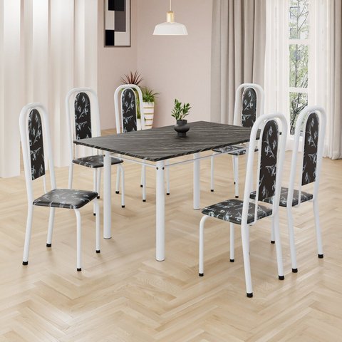 Conjunto de Mesa Retangular 140x75cm Tampo Ardósia Indiano 6 Cadeiras Lavínea Branco/Preto Floral