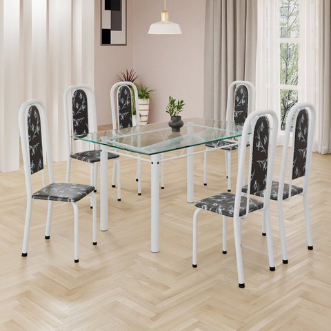 Conjunto de Mesa Retangular 140x75cm Tampo de Vidro 6 Cadeiras Lavínea Branco/Preto Floral