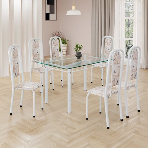 Conjunto de Mesa Retangular 140x75cm Tampo de Vidro 6 Cadeiras Lavínea Branco/Botanic Bege