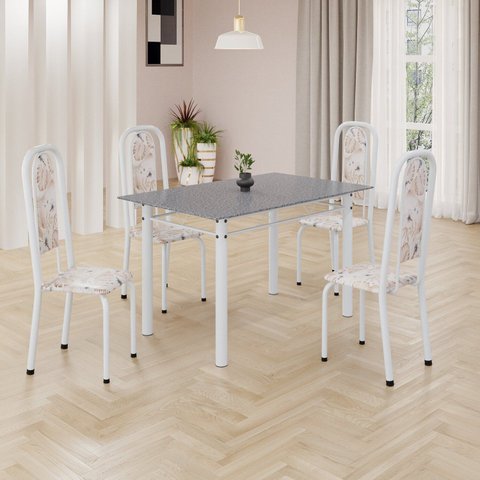 Conjunto de Mesa Retangular 120x75cm Tampo Granito Ocre 4 Cadeiras Lavínea Branco/Botanic Bege