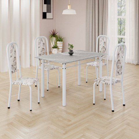 Conjunto de Mesa Retangular 120x75cm Tampo Granito Topázio 4 Cadeiras Lavínea Branco/Arabesco