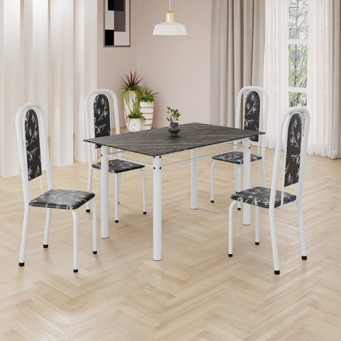 Conjunto de Mesa Retangular 120x75cm Tampo Ardósia Indiano 4 Cadeiras Lavínea Branco/Preto Floral