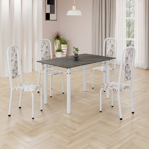 Conjunto de Mesa Retangular 120x75cm Tampo Ardósia Indiano 4 Cadeiras Lavínea Branco/Arabesco