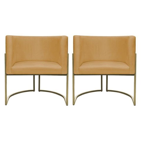 Kit 2 Poltronas Decorativa Recepção Luna Suede Cores Base de Ferro Champagne Mostarda Suede