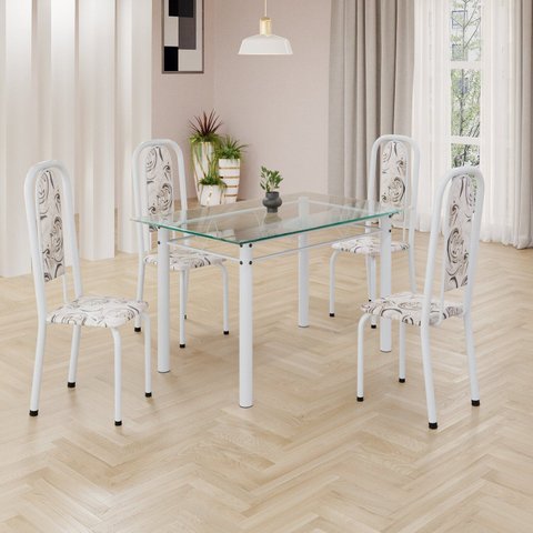 Conjunto de Mesa Retangular a 120x75cm Tampo de Vidro 4 Cadeiras Lavínea Branco/Arabesco