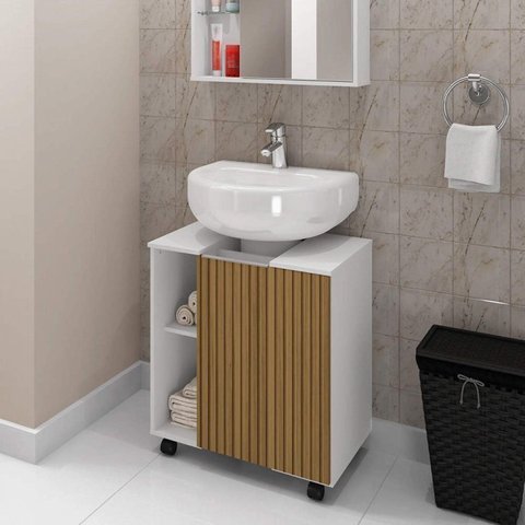 Kit com 2 Gabinetes de Coluna 1 Porta Pequin Branco/Ripado