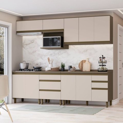 Cozinha Completa Modulada 6 Peças 100% MDF com Tampo para Cooktop Connect Marrom/Duna/Cristal