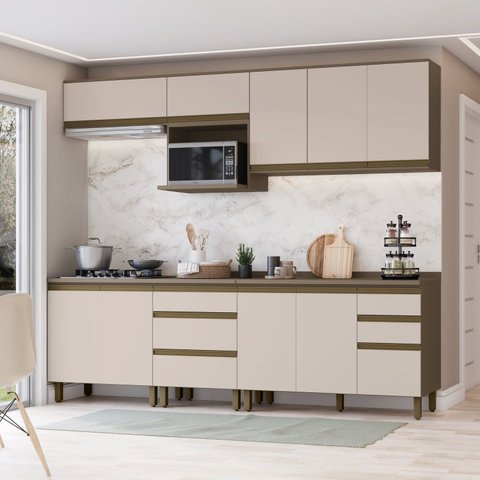 Cozinha Completa Modulada 6 Peças 100% MDF com Tampo para Cooktop Connect Marrom/Duna/Cristal