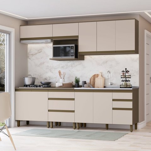 Cozinha Completa Modulada 6 Peças 100% MDF com Aéreo para Micro-Ondas Connect Marrom/Duna/Cristal
