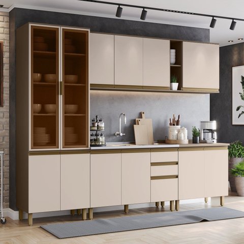 Cozinha Completa Modulada 6 Peças 100% MDF com Cristaleira Connect Marrom/Duna/Cristal